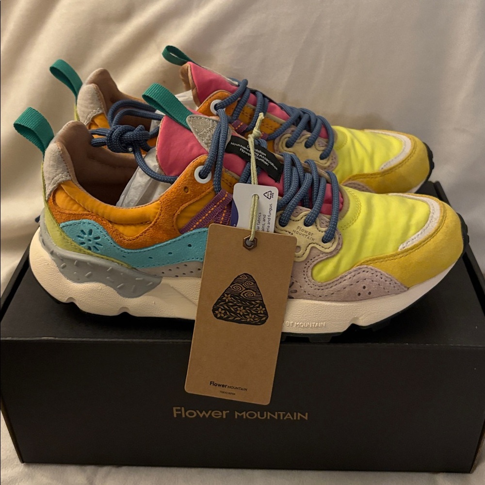 NWT Flower Mountain YAMANO 3 Yellow Light Lime Pink Suede Trainers - Picture 11 of 16